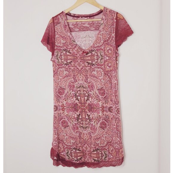 La Vie En Rose Red & White Lace Paisley Print Short Sleeve Mini Dress Size M - Picture 1 of 12